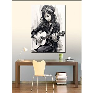 Kanvas Tablo Siyah Beyaz Gitar Çalan Kadın