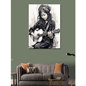 Kanvas Tablo Siyah Beyaz Gitar Çalan Kadın