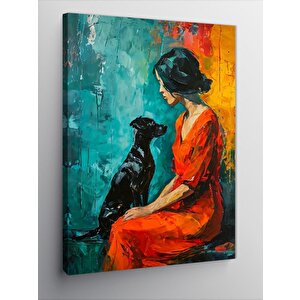 Kanvas Tablo Kırmızı Elbiseli Kadın Ve Köpek
