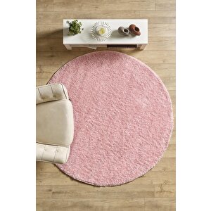Yuvarlak Shaggy Halı 30 Mm Uzun Ve Yüksek Tüylü Düz Pembe Renkli 80 cm