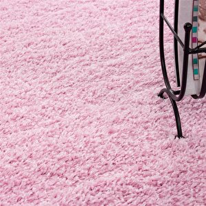 Yuvarlak Shaggy Halı 30 Mm Uzun Ve Yüksek Tüylü Düz Pembe Renkli 80 cm