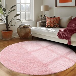 Yuvarlak Shaggy Halı 30 Mm Uzun Ve Yüksek Tüylü Düz Pembe Renkli