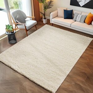Yüksek Tüylü 30 Mm Hav Yüksekliğinde Düz Krem Renkli Shaggy Halı 200x200 cm