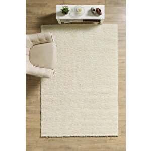 Yüksek Tüylü 30 Mm Hav Yüksekliğinde Düz Krem Renkli Shaggy Halı 200x200 cm