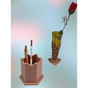 Hobi 90063 Dekoratif Kalemlik Ahşap Altıgen Ham Mdf  El Yapım