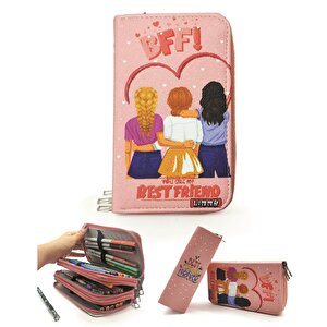 Kalem Kutusu Bff Arkadaş Best Friends Desenli Organizer Kalemkutu Vegan Deri Üç Bölmeli Kalemlik