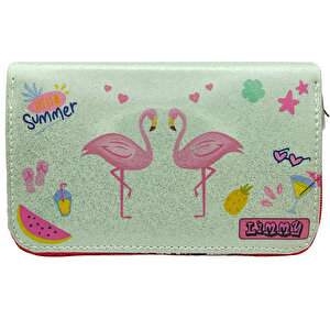 Simli Işıltılı Kuğu Flamingo Kalem Kutusu Vegan Deri Kalemkutu Üç Bölmeli Kalemlik - Pembe