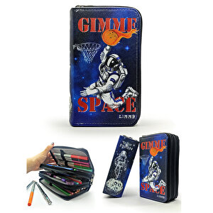 Kalem Kutusu Astronot Basketbol Desenli Organizer Kalemkutu Vegan Deri Üç Bölmeli Kalemlik