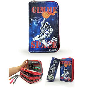 Kalem Kutusu Basketbolcu Astronot Space Desenli Organizer Kalemkutu Vegan Deri Üç Bölmeli Kalemlik - Kırmızı