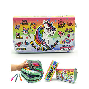 Kalem Kutusu Unicorn Cool Tarz Kawai Organizer Kalemkutu Vegan Deri Üç Bölmeli Kalemlik - Yeşil