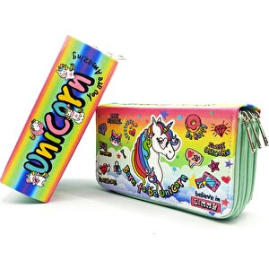 Kalem Kutusu Unicorn Cool Tarz Kawai Organizer Kalemkutu Vegan Deri Üç Bölmeli Kalemlik - Yeşil