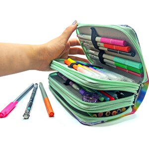 Kalem Kutusu Unicorn Cool Tarz Kawai Organizer Kalemkutu Vegan Deri Üç Bölmeli Kalemlik - Yeşil