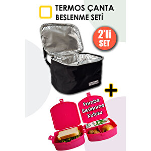 Premium Beslenme Çantası Termal Termos Termoslu Çanta Ve 4 Bölmeli Yemek Kutusu Pembe