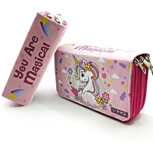 Bahar Çiçekli Unicorn Kalem Kutusu Kawai Organizer Kalemkutu Vegan Deri Üç Bölmeli Kalemlik- Pembe