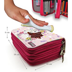 Bahar Çiçekli Unicorn Kalem Kutusu Kawai Organizer Kalemkutu Vegan Deri Üç Bölmeli Kalemlik- Pembe