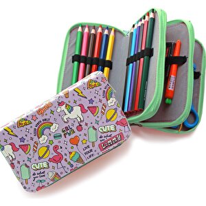 Kalem Kutusu Unicorn-flamingo Kawai Organizer Kalemkutu Vegan Deri Üç Bölmeli Kalemlik - Yeşil
