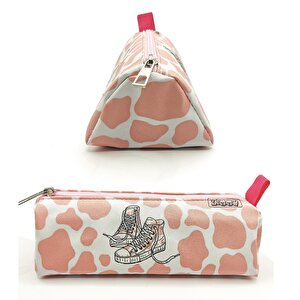 Kalem Kutusu İnek Desenli Ayakkabı Detaylı Üçgen Kalemkutu Jumbo Vegan Deri Kalemlik - Pembe(nude)