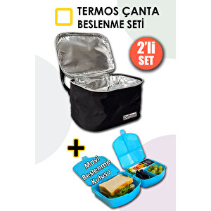 Premium Beslenme Çantası Termal Termos Termoslu Çanta Ve 4 Bölmeli Yemek Kutusu Mavi