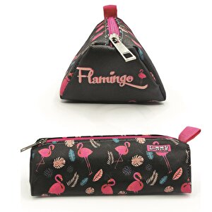 Kalem Kutusu Flamingo Siyah Üçgen Kalemkutu Jumbo Vegan Deri Kalemlik