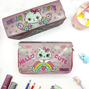 Simli Işıltılı Kitty Hello Cute Kalem Kutusu Vegan Deri Kalemkutu Üç Bölmeli Kalemlik -pembe