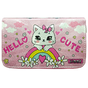 Simli Işıltılı Kitty Hello Cute Kalem Kutusu Vegan Deri Kalemkutu Üç Bölmeli Kalemlik -pembe