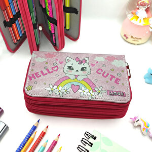 Simli Işıltılı Kitty Hello Cute Kalem Kutusu Vegan Deri Kalemkutu Üç Bölmeli Kalemlik -pembe