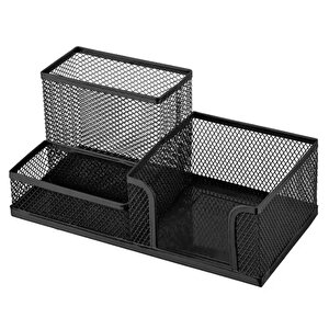 Metal Perfore 3 Gözlü Set, 3 Bölmeli Tel Kalemlik -siyah