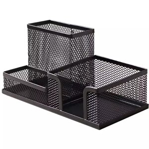 Metal Perfore 3 Gözlü Set, 3 Bölmeli Tel Kalemlik -siyah