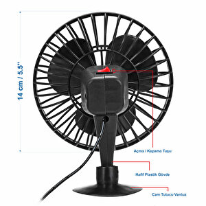 Mega Oto Market Araç İçi 12v Vantuzlu 5.5" 14 Cm Mini Fan Vantilatör Pervane Çakmaklık Girişli Tüm Araçlarla Uyumlu