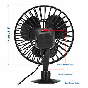 Mega Oto Market Araç İçi 12v Vantuzlu 5.5" 14 Cm Mini Fan Vantilatör Pervane Çakmaklık Girişli Tüm Araçlarla Uyumlu