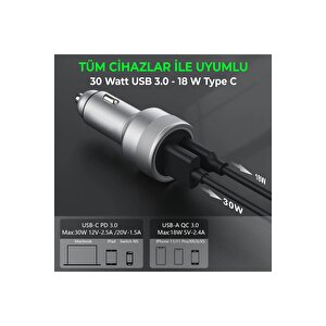 Usb Type C Araç Şarj Cihazı - 2 Port, Hızlı Şarj 48w Çakmaklık Adaptörü