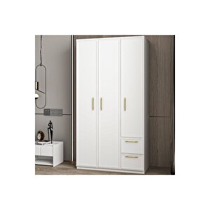 Vespera Çıta Detaylı 3 Kapaklı, Çekmeceli Gardırop Beyaz, 90 Cm