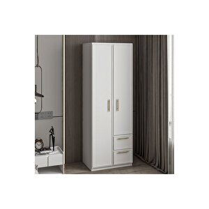 Vespera Çıta Detaylı, 2 Kapaklı, Çekmeceli Gardırop Beyaz, 60 Cm
