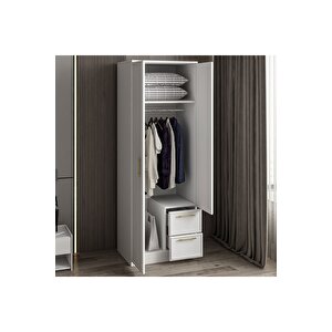 Vespera Çıta Detaylı, 2 Kapaklı, Çekmeceli Gardırop Beyaz, 60 Cm