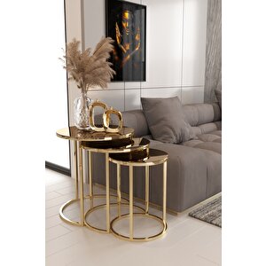 Armoni 3'lü Zigon Sehpa Gold Ayak Bronz Ayna