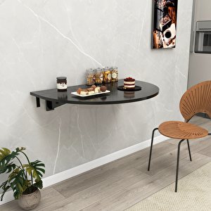 60x90 Cm Oval Tasarım Sabit Raflı Duvara Monte Kırma Katlanır Masa Mat Siyah Mat Siyah