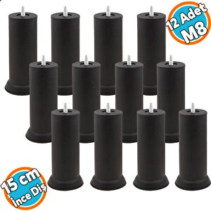 Mobilya Yükseltici Baza Metal Kanepe Koltuk Destek Ayağı M8 Civatalı İnce Diş Siyah Ayak 15 Cm (12 Adet)