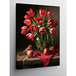 Kanvas Tablo Kırmızı Kuş Ve Çiçekler 70x100 cm