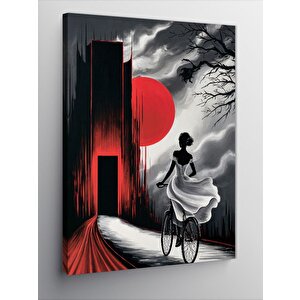 Kanvas Tablo Beyaz Elbiseli Bisiklet Kullanan Kız 70x100 cm