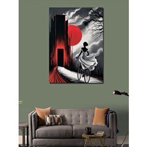 Kanvas Tablo Beyaz Elbiseli Bisiklet Kullanan Kız 100x140 cm