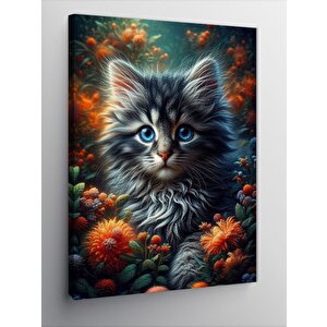 Kanvas Tablo Turuncu Çiçekler Ve Kedi 70x100 cm