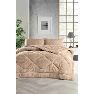 Tek Kişilik Renkli Yorgan, Kahverengi, Çift Taraflı Kullanım, Peluş Polar&pamuk, 155x215 Bej