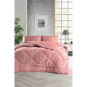 Tek Kişilik Renkli Yorgan, Pudra, Çift Taraflı Kullanım, Peluş Polar&pamuk, 155x215 Pembe