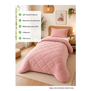 Tek Kişilik Renkli Yorgan, Pudra, Çift Taraflı Kullanım, Peluş Polar&pamuk, 155x215 Pembe
