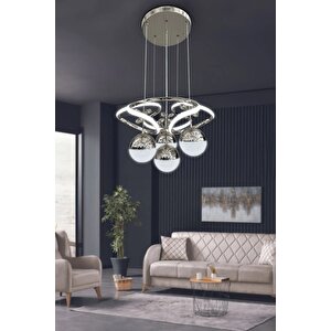 Hemera Modern Sarkıt 3 Işık (beyaz, Sarı Ve Günışığı) Kumandalı Ve Dimmerli Gümüş Luxury Avize