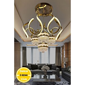 3 Renk Kumandalı Modern Sarkıt Toplu Kelebekli Led, Ledli Avize Gold Nikelaj Kaplama Avize