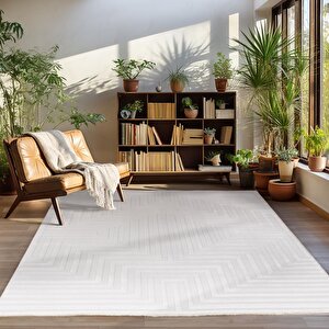 Kabartmalı Yumuşak Çizgi Desenli İskandinav Bohem Tarzı Halı Krem Tonlarında 200x290 cm