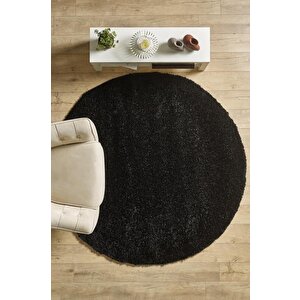 Yuvarlak Halı Yumuşak Yüksek Havlı 30 Mm Shaggy Salon Halısı Düz Siyah Renkli 200 cm