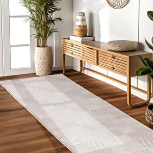 Kabartmalı Yumuşak Karo Desenli İskandinav Bohem Tarzı Halı Bej Tonlarında 80x250 cm