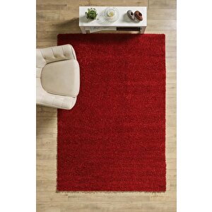 Yüksek Tüylü 30 Mm Hav Yüksekliğinde Düz Kırmızı Renkli Shaggy Halı 100x200 cm